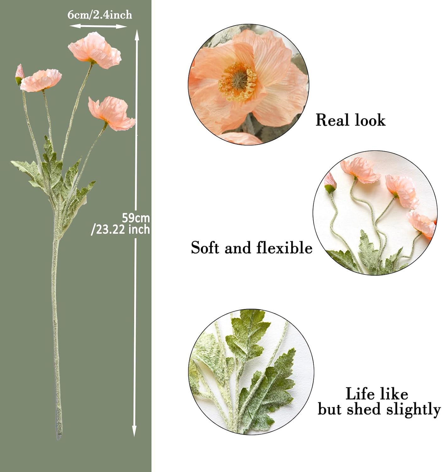 23-Inch Realistic Artificial Poppy Flower Stem|Bendable Flexible Faux Silk Bloom with Detailed Leaves|Single Stem for Home Decor, Wedding, DIY Crafts, and Photo Props