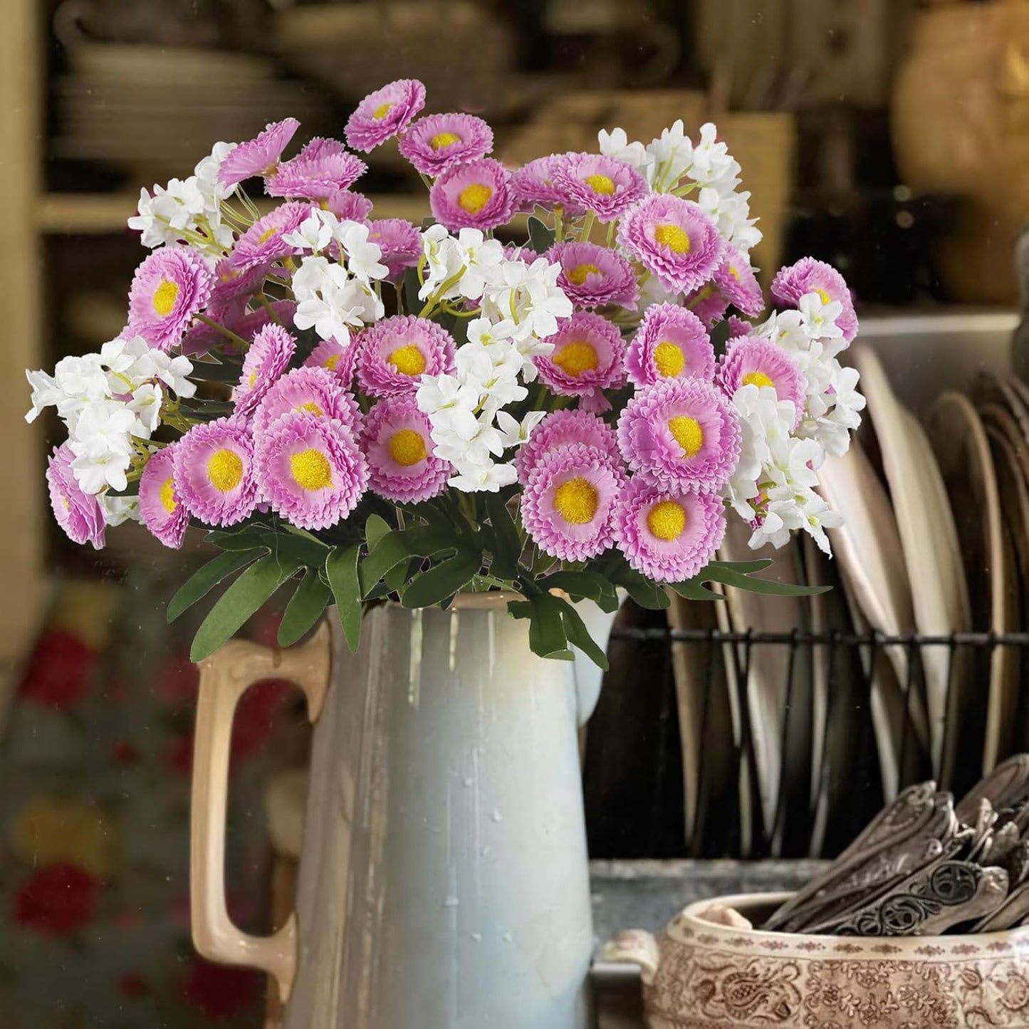 3 Bundles Artificial Daisy & White Flower Mixed Bouquet – 22.44” Tall x 11.81” Wide – Realistic Silk Flowers with Green Leaves for Home Decor, Wedding, Office, DIY Floral Arrangements