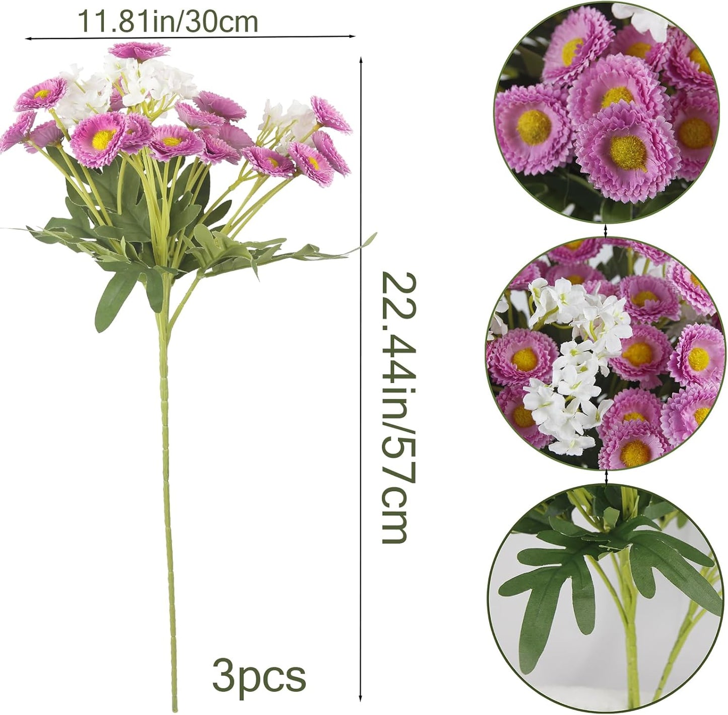 3 Bundles Artificial Daisy & White Flower Mixed Bouquet – 22.44” Tall x 11.81” Wide – Realistic Silk Flowers with Green Leaves for Home Decor, Wedding, Office, DIY Floral Arrangements