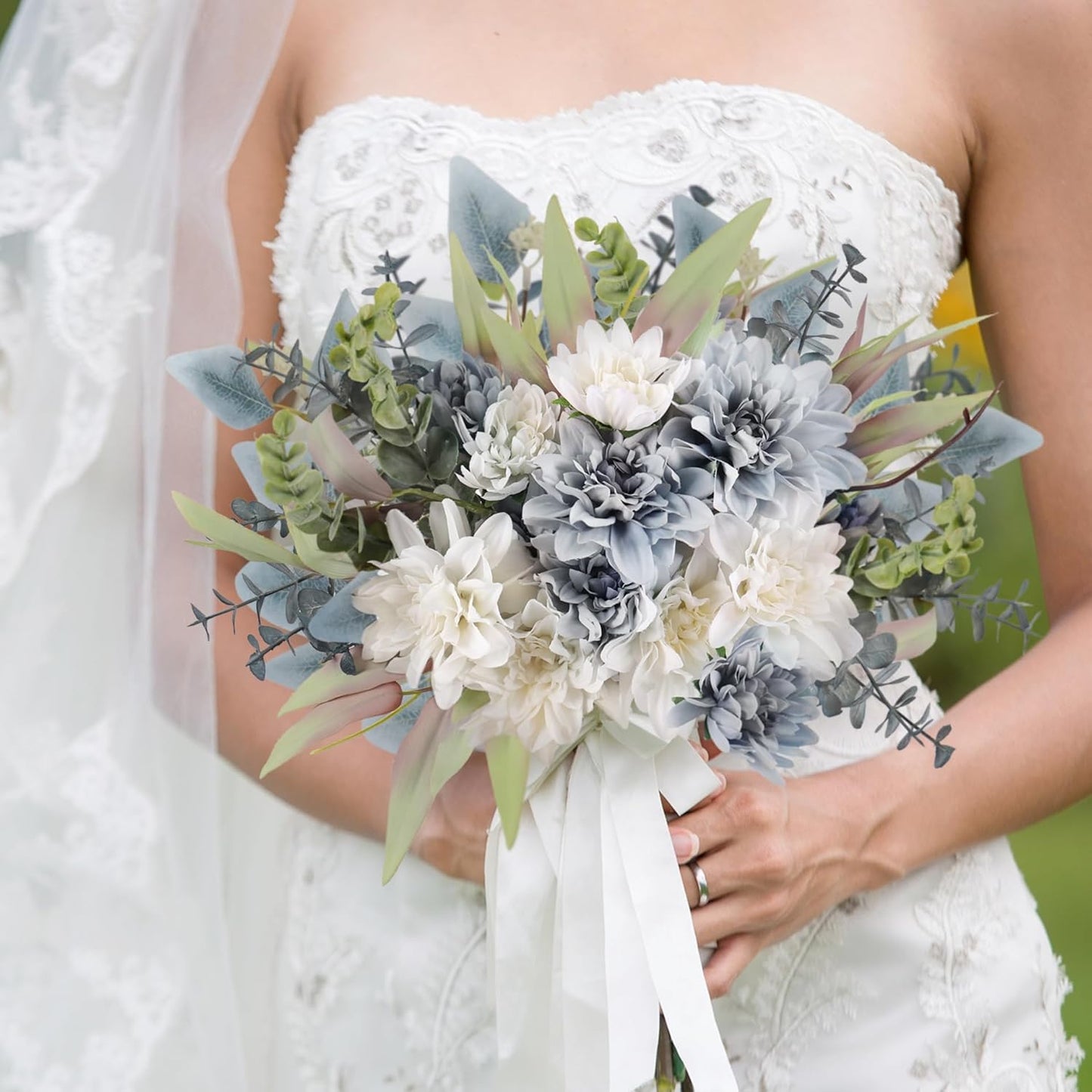 19.88-Inch Artificial Handheld Floral Bouquet|Nordic Blue & White Faux Silk Flower Arrangement with Greenery|For Wedding, Table Centerpiece, Vase Display, or Gift Decoration