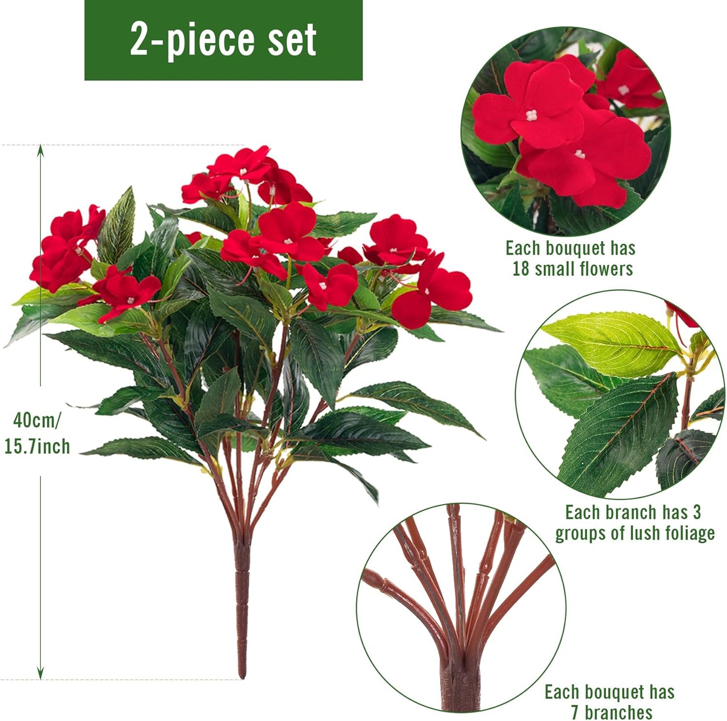 2-Piece Set Artificial Red Flower Bouquets – 18 Blossoms & 7 Branches Per Bundle – 15.7” Tall with Realistic Silk Flowers and Lush Green Foliage for Home, Wedding, or Holiday Decor