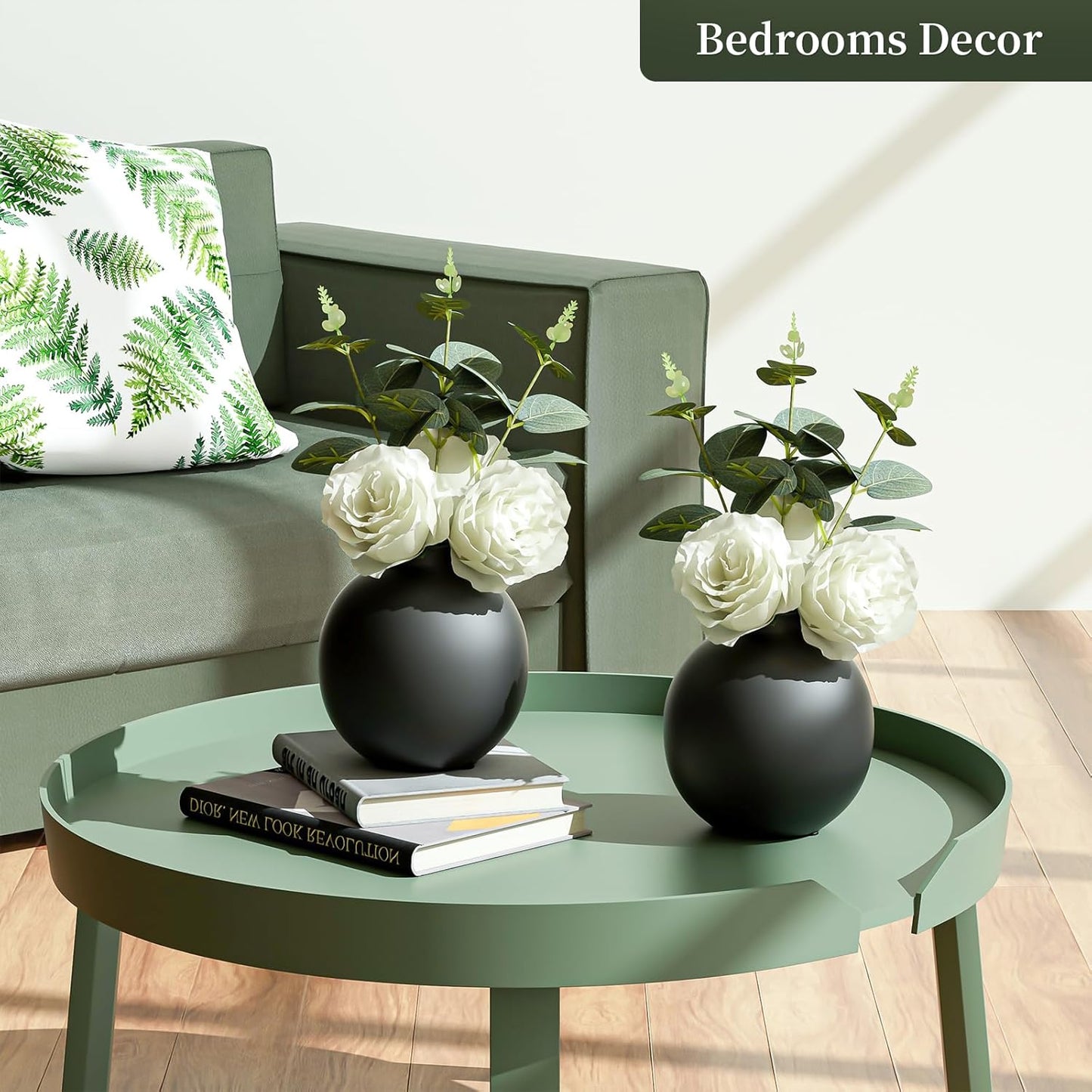 2-Piece Artificial Rose and Vase Set|Black Round Matte Vase with White Silk Roses|10" Tall Arrangement for Modern Home, Tabletop, Wedding, Office Decor