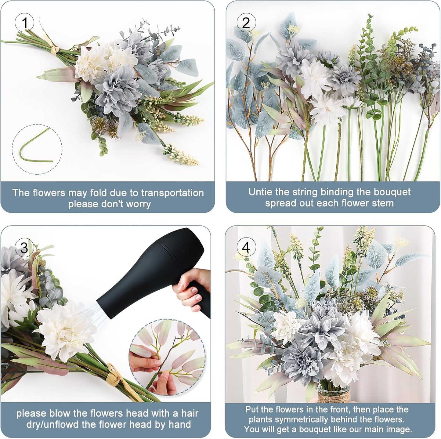 19.88-Inch Artificial Handheld Floral Bouquet|Nordic Blue & White Faux Silk Flower Arrangement with Greenery|For Wedding, Table Centerpiece, Vase Display, or Gift Decoration