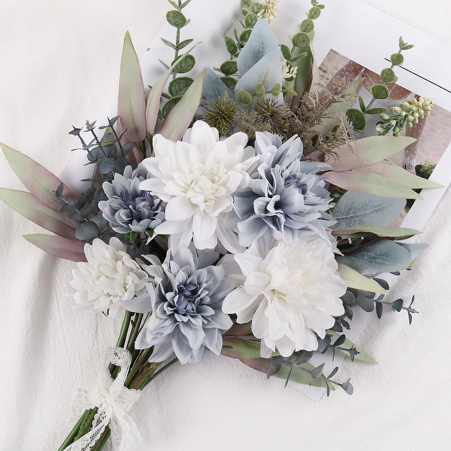 19.88-Inch Artificial Handheld Floral Bouquet|Nordic Blue & White Faux Silk Flower Arrangement with Greenery|For Wedding, Table Centerpiece, Vase Display, or Gift Decoration