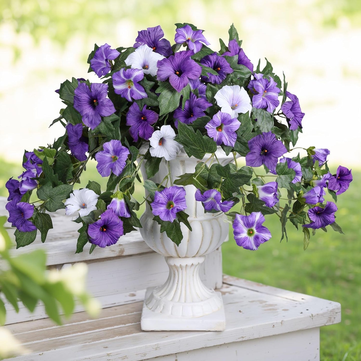2-Piece Set Artificial Morning Glory Flower Bushes – 25” Wide x 15.5” Tall – Full Silk Blooms with Lush Green Leaves – Purple & White Mix – No Maintenance Floral Decor for Balcony, Home & Garden