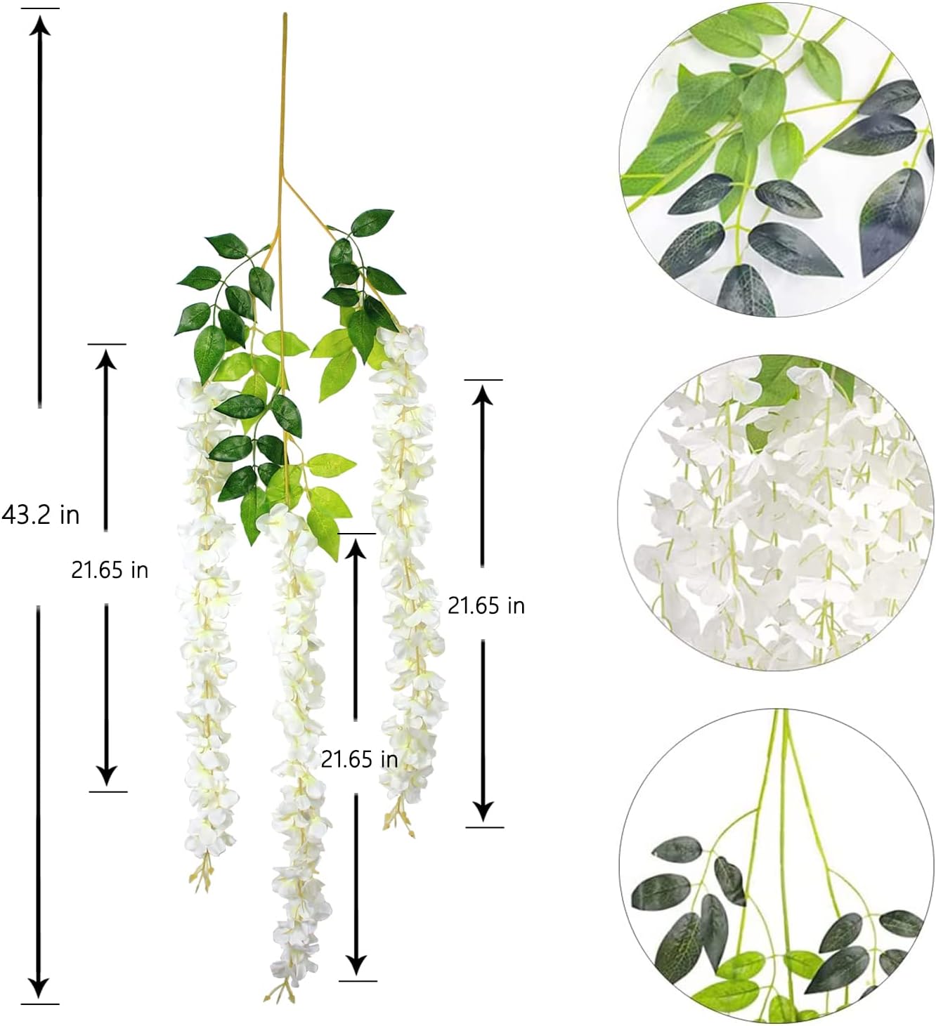 12Pcs-Artificial Hanging White Wisteria Vine｜43.2-Inch Long with 3 Cascading Floral Strands｜Silk Flower Garland for Wedding Arch, Ceiling Drapes, Balcony Decor, or Event Backdrops