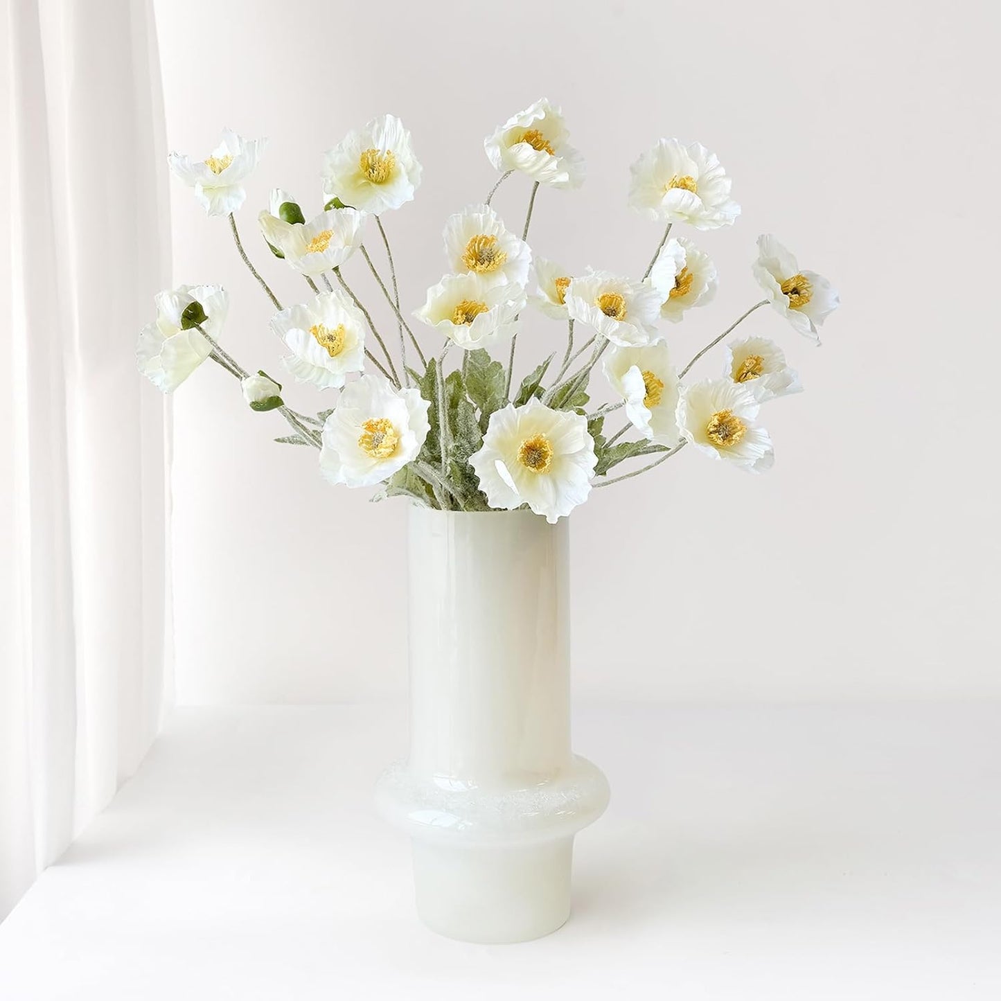 6PCS  23.2-Inch White Artificial Poppy Flower Stem｜Realistic Silk Bloom with Bendable Wire Stem｜Soft Velvet Leaves for Home Decor, Wedding, DIY Arrangements & Photography Props