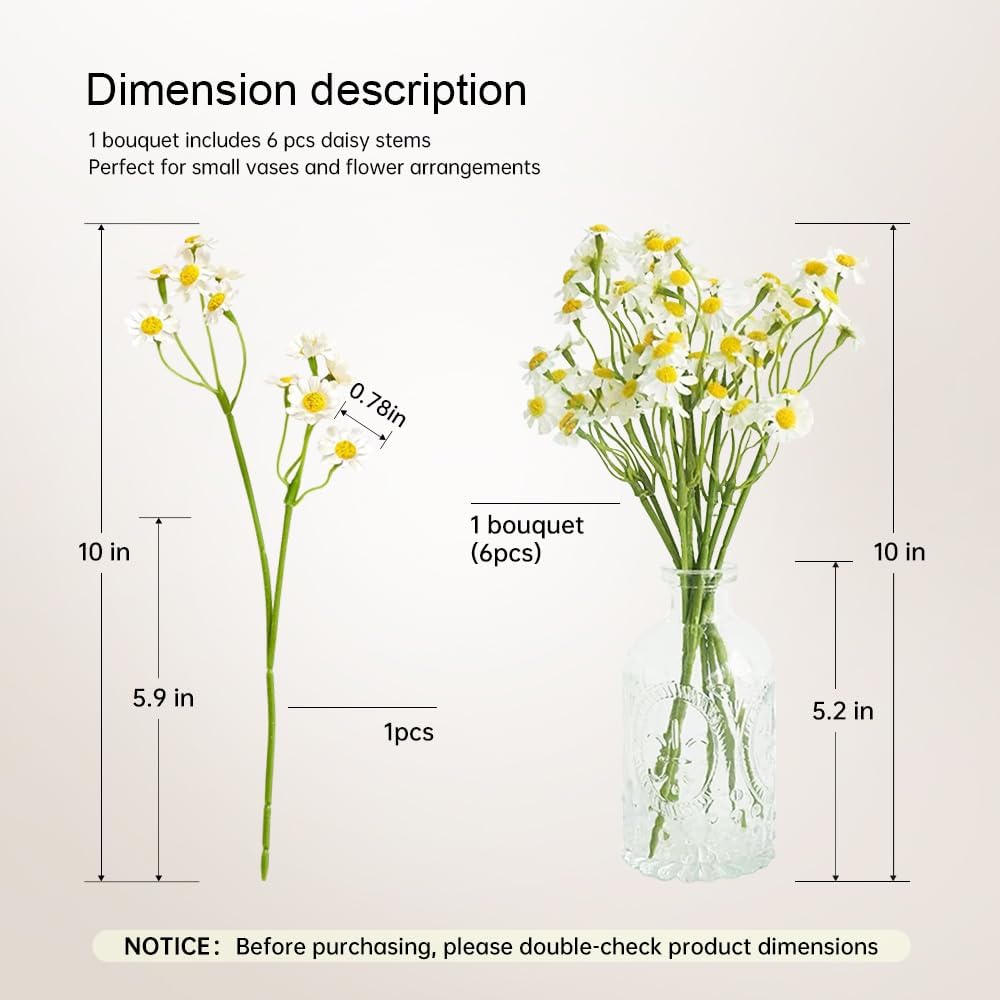 6-Stem Mini Artificial Daisy Bouquet｜10-Inch Small Faux Flowers for Vase Decoration｜Flexible Plastic Floral Stems for Desktop, Home, Party, DIY Arrangements