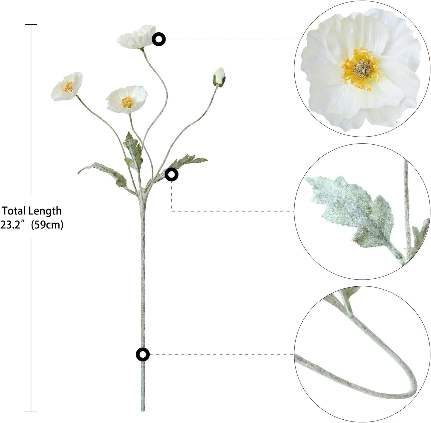 6PCS  23.2-Inch White Artificial Poppy Flower Stem｜Realistic Silk Bloom with Bendable Wire Stem｜Soft Velvet Leaves for Home Decor, Wedding, DIY Arrangements & Photography Props