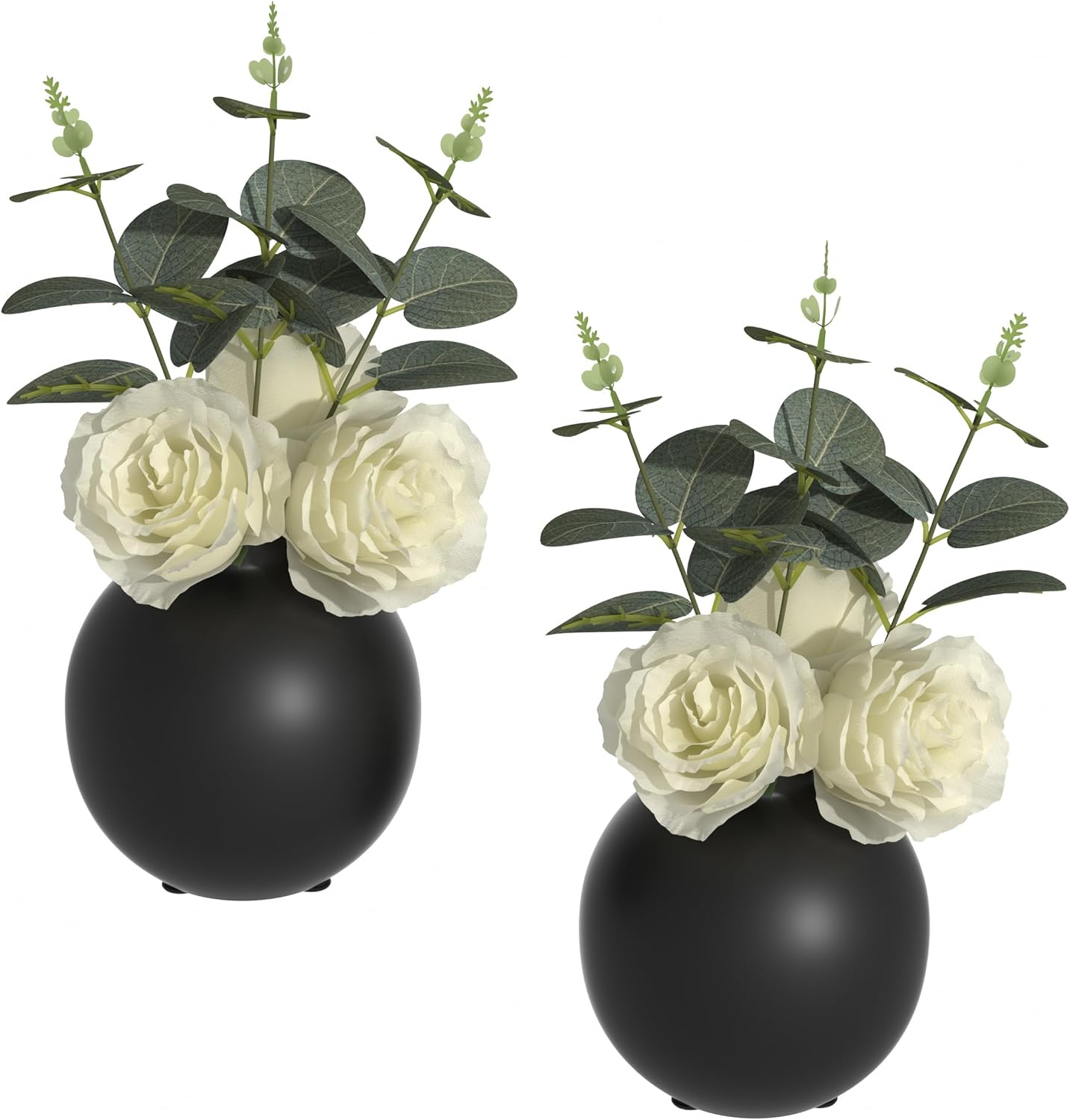 2-Piece Artificial Rose and Vase Set｜Black Round Matte Vase with White Silk Roses｜10" Tall Arrangement for Modern Home, Tabletop, Wedding, Office Decor