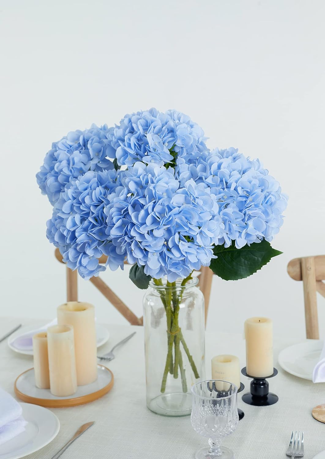 Artificial Blue Hydrangea Bouquet｜Realistic Silk Faux Flower with Large Bloom Head｜Soft Fabric Petals for Vase Decoration, Table Centerpiece, Wedding & Photography Prop