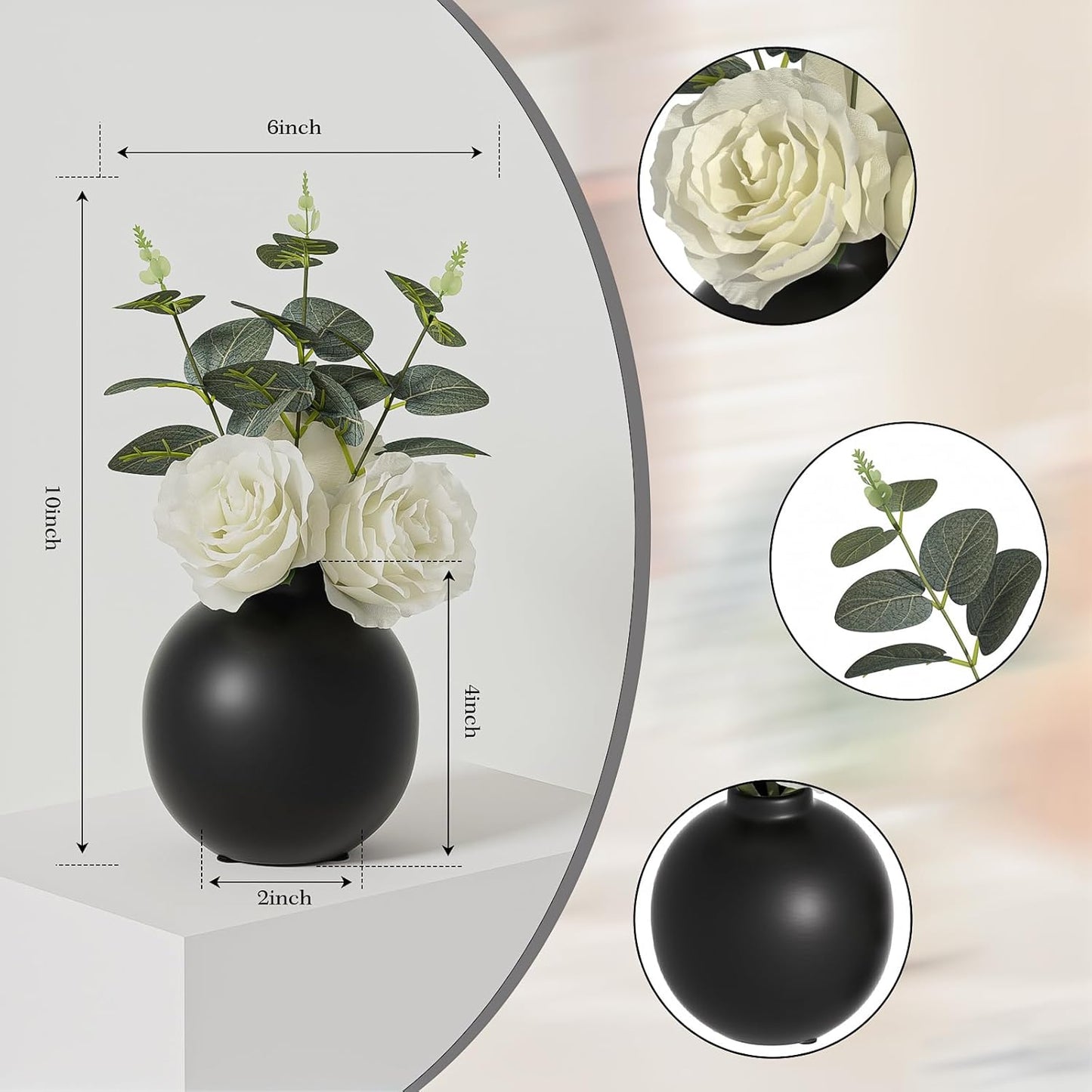 2-Piece Artificial Rose and Vase Set｜Black Round Matte Vase with White Silk Roses｜10" Tall Arrangement for Modern Home, Tabletop, Wedding, Office Decor