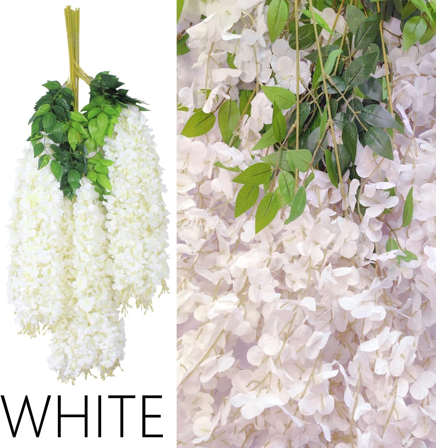12Pcs-Artificial Hanging White Wisteria Vine｜43.2-Inch Long with 3 Cascading Floral Strands｜Silk Flower Garland for Wedding Arch, Ceiling Drapes, Balcony Decor, or Event Backdrops