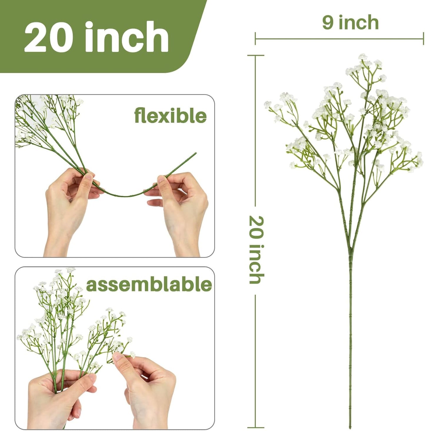 20-Inch Artificial Baby’s Breath Stem｜Flexible & Connectable Faux Gypsophila Spray｜DIY Floral Branch for Wedding, Vase Decoration, Home and Event Styling