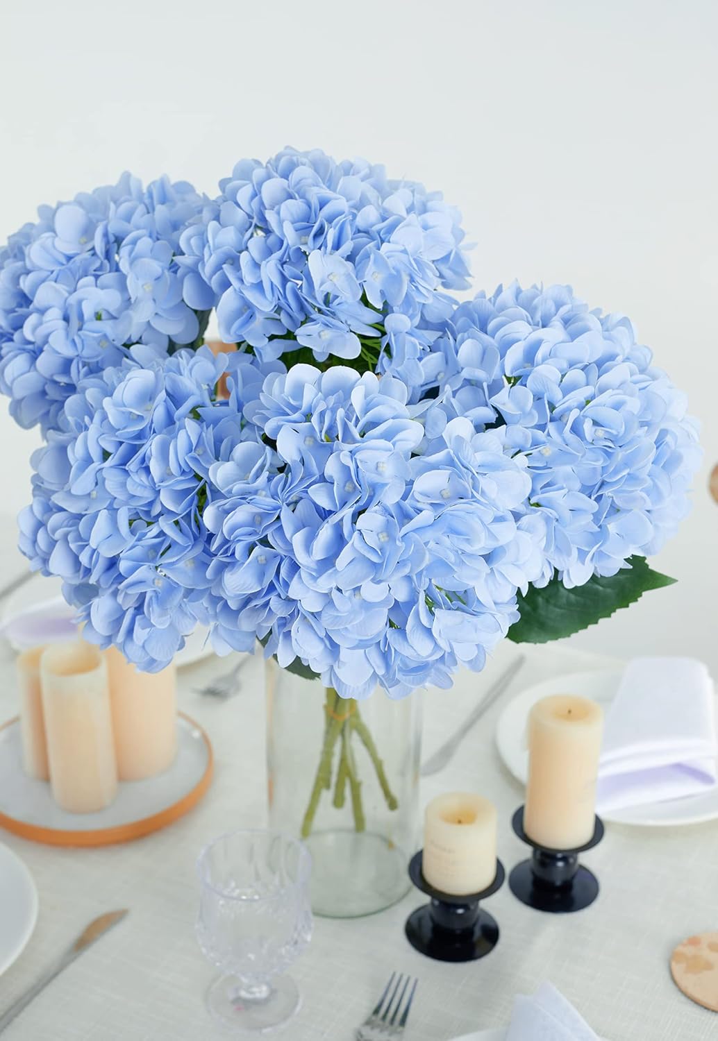 Artificial Blue Hydrangea Bouquet｜Realistic Silk Faux Flower with Large Bloom Head｜Soft Fabric Petals for Vase Decoration, Table Centerpiece, Wedding & Photography Prop