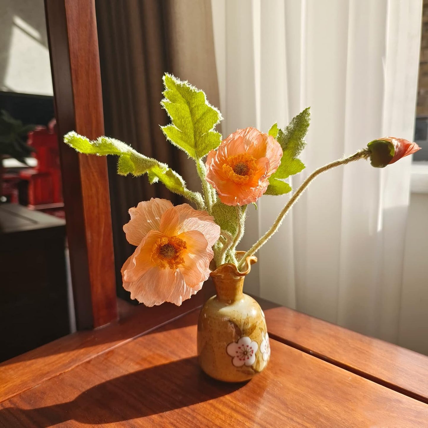 23-Inch Realistic Artificial Poppy Flower Stem｜Bendable Flexible Faux Silk Bloom with Detailed Leaves｜Single Stem for Home Decor, Wedding, DIY Crafts, and Photo Props