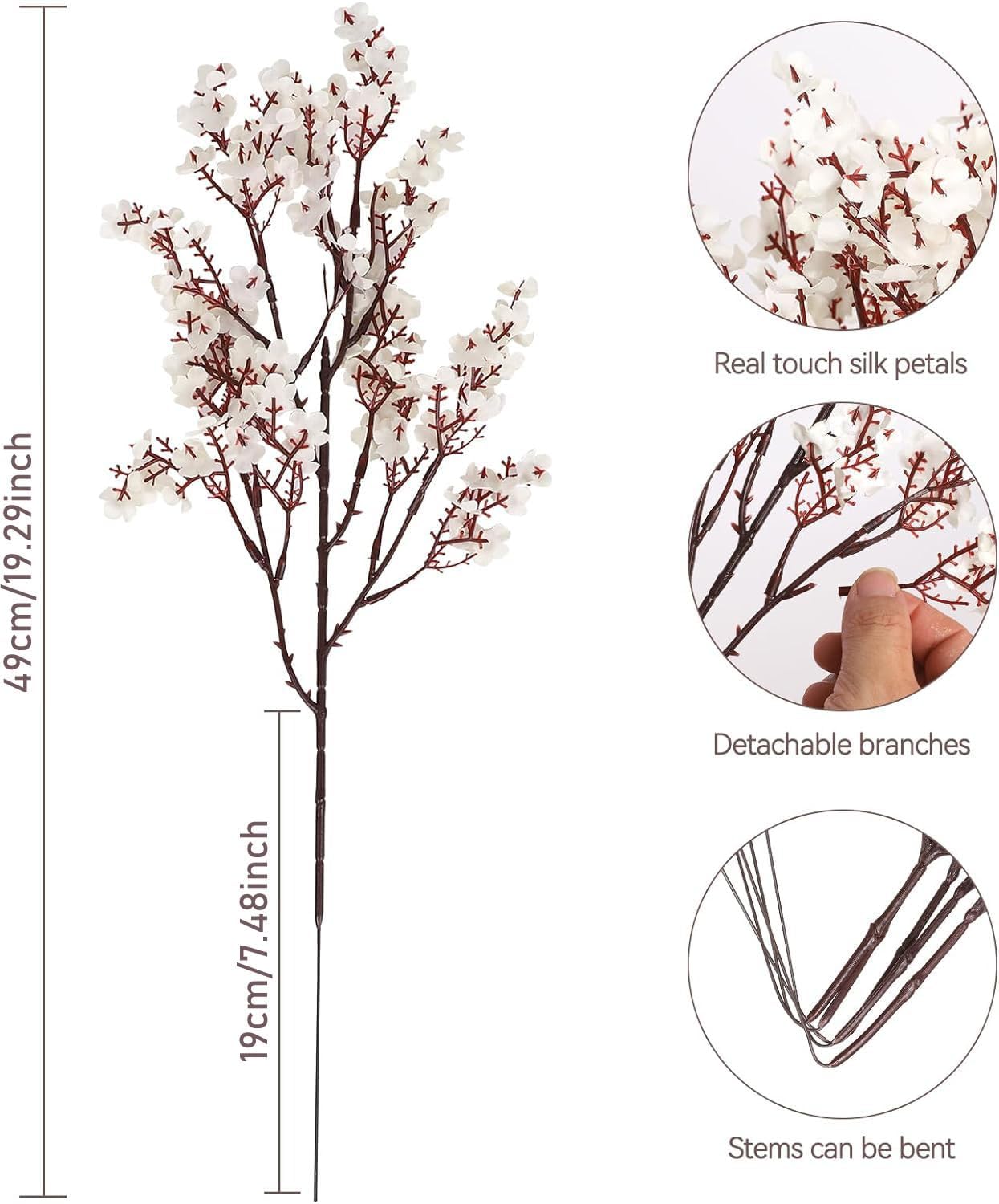 8 Bundles Artificial Cherry Blossom Branches – 19.29" Real Touch Silk Flowers with Bendable Stems & Detachable Branches – Lifelike Floral Stems for Spring Decor, Wedding, Home, Office
