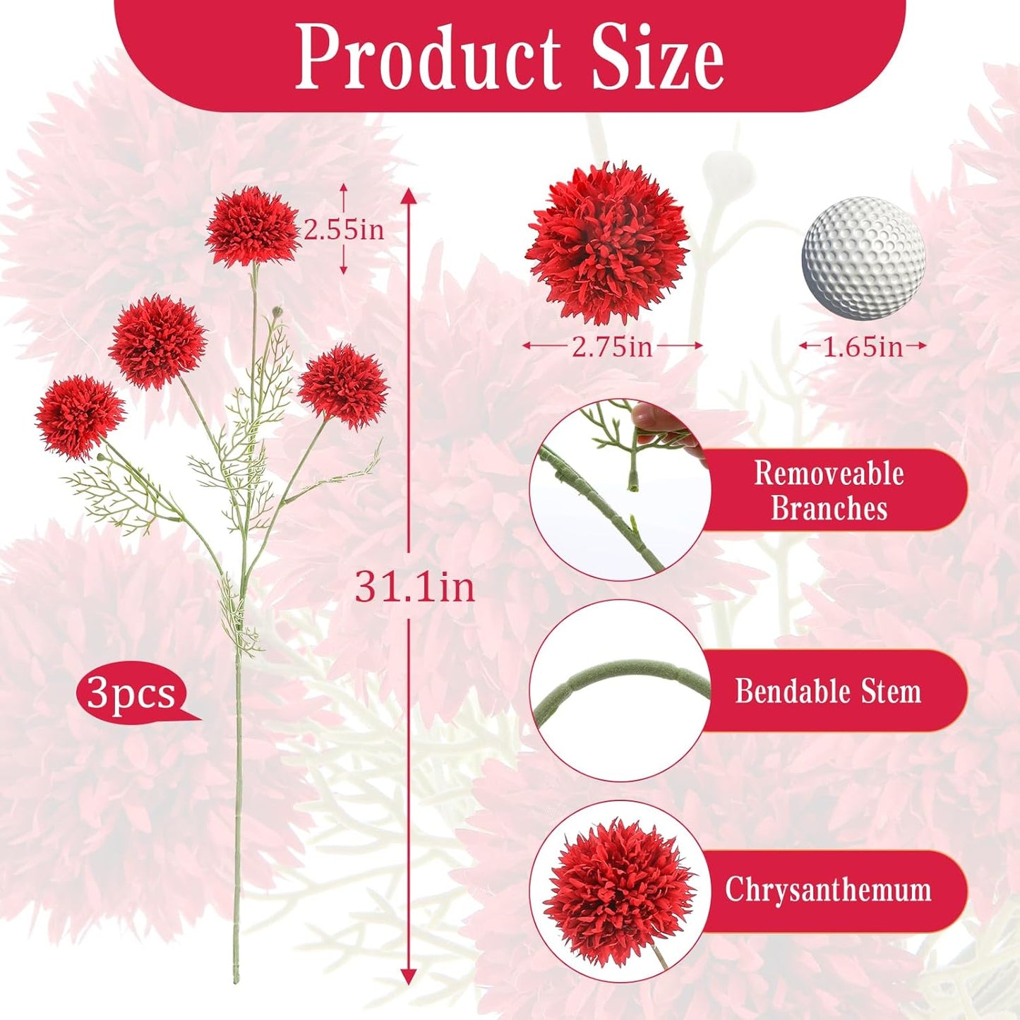 31.1-Inch Red Artificial Chrysanthemum Stems (3pcs)｜Removable Branches & Bendable Wire Stem｜Realistic Silk Flowers for Vase Display, Holiday Décor, Wedding Arrangements