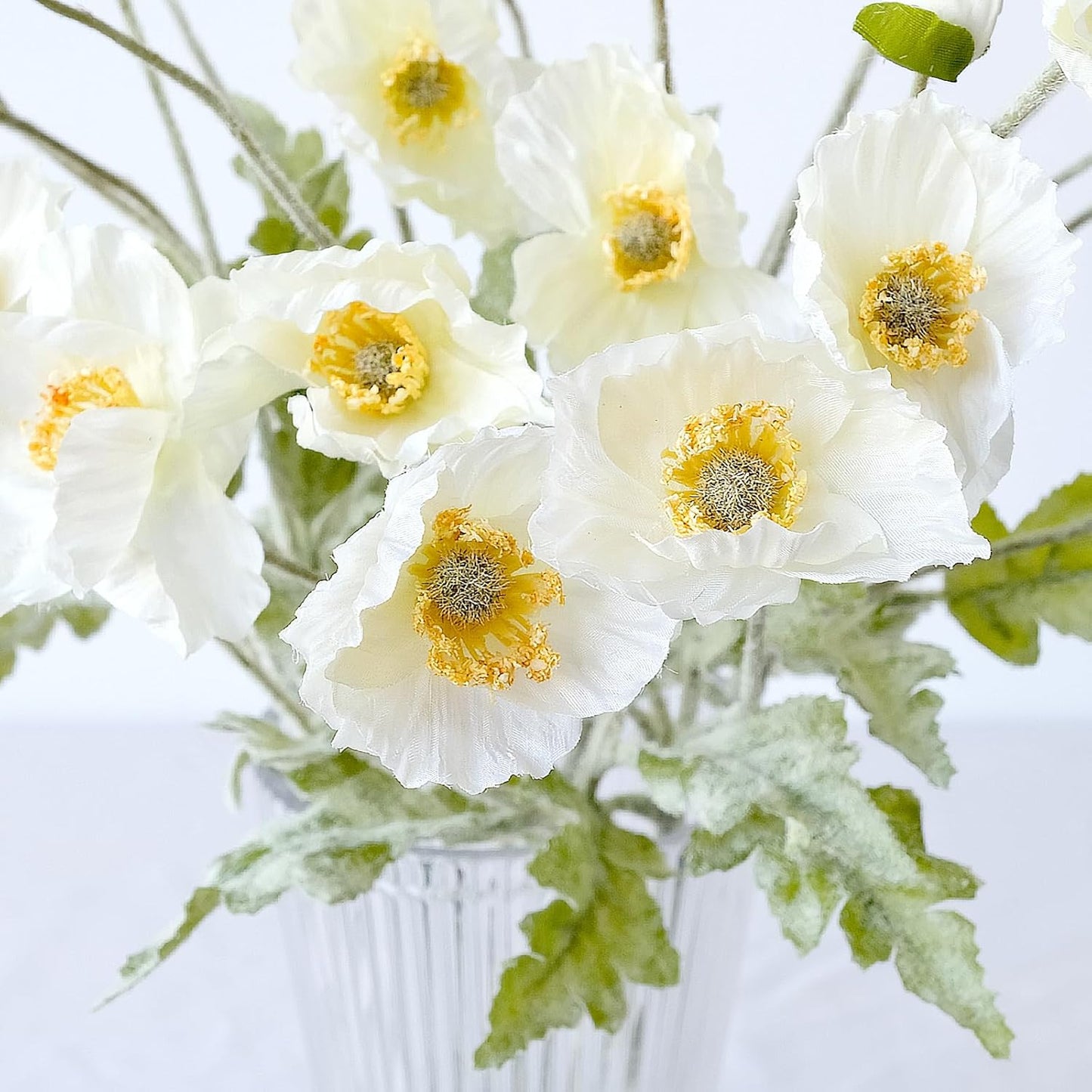 6PCS  23.2-Inch White Artificial Poppy Flower Stem｜Realistic Silk Bloom with Bendable Wire Stem｜Soft Velvet Leaves for Home Decor, Wedding, DIY Arrangements & Photography Props