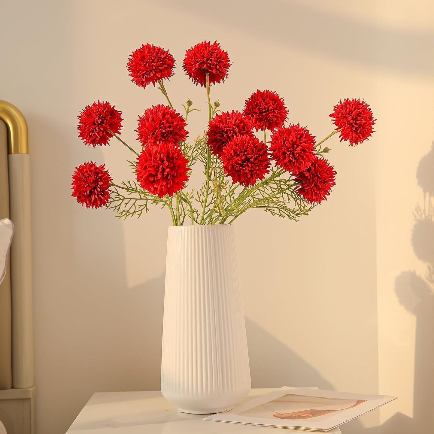 31.1-Inch Red Artificial Chrysanthemum Stems (3pcs)｜Removable Branches & Bendable Wire Stem｜Realistic Silk Flowers for Vase Display, Holiday Décor, Wedding Arrangements