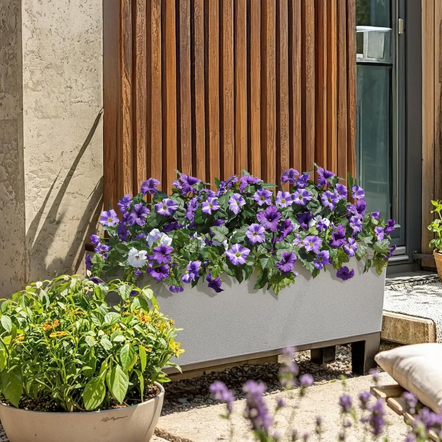 2-Piece Set Artificial Morning Glory Flower Bushes – 25” Wide x 15.5” Tall – Full Silk Blooms with Lush Green Leaves – Purple & White Mix – No Maintenance Floral Decor for Balcony, Home & Garden