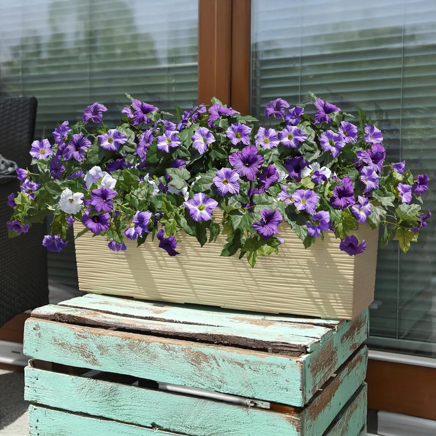 2-Piece Set Artificial Morning Glory Flower Bushes – 25” Wide x 15.5” Tall – Full Silk Blooms with Lush Green Leaves – Purple & White Mix – No Maintenance Floral Decor for Balcony, Home & Garden