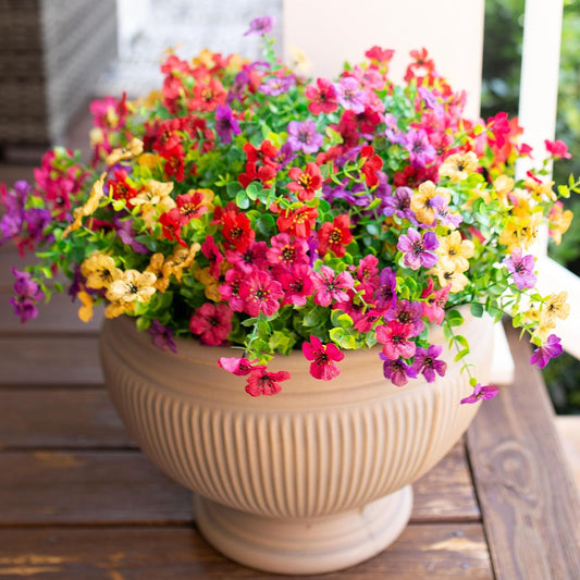 12 Bundles Artificial Outdoor Boxwood Flowers｜UV Resistant Faux Plastic Plants in 4 Colors｜Hot Pink, Red, Yellow, Purple｜For Patio, Garden, Fence, Porch, DIY Decor (Pot Not Included)