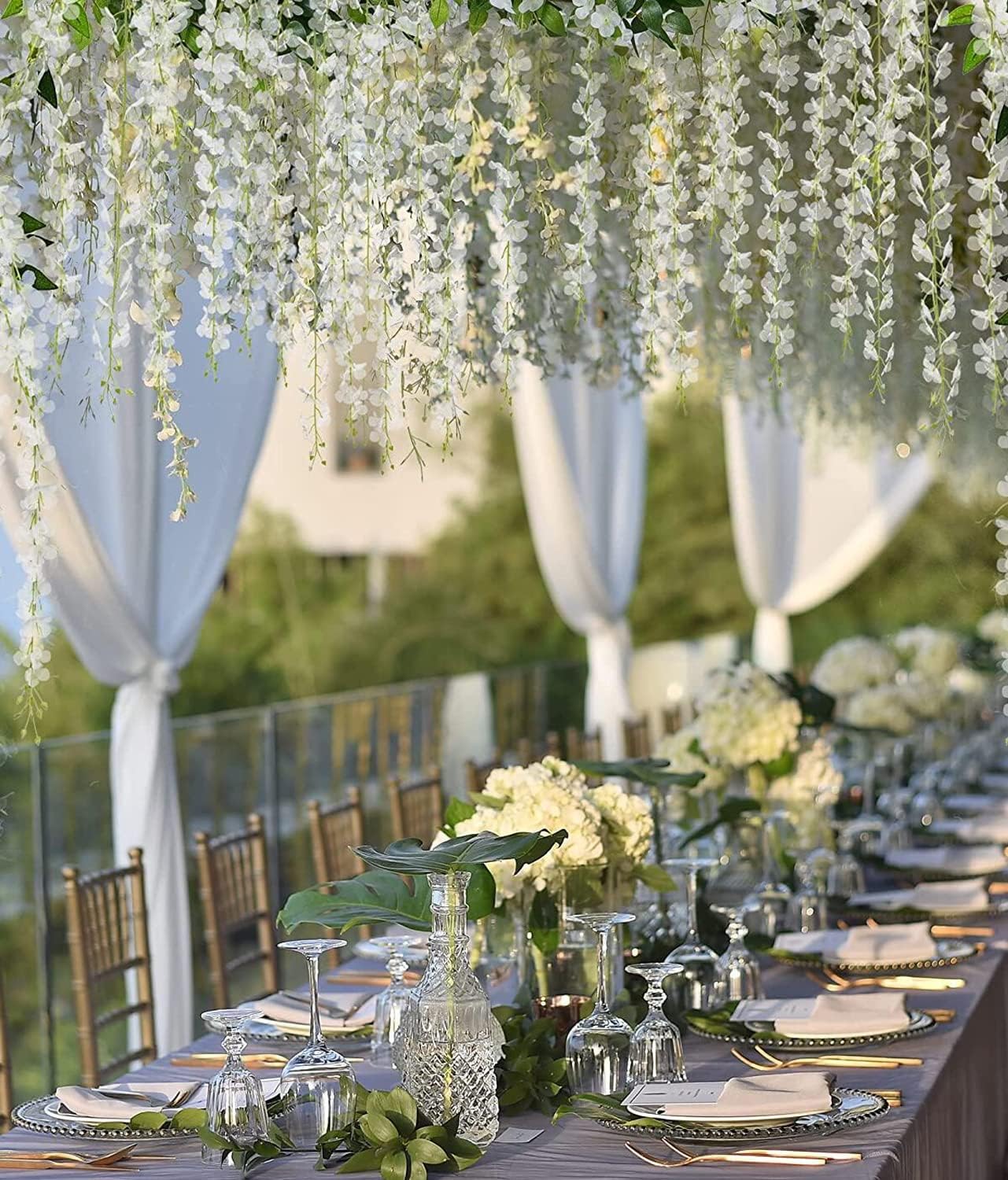 12Pcs-Artificial Hanging White Wisteria Vine｜43.2-Inch Long with 3 Cascading Floral Strands｜Silk Flower Garland for Wedding Arch, Ceiling Drapes, Balcony Decor, or Event Backdrops