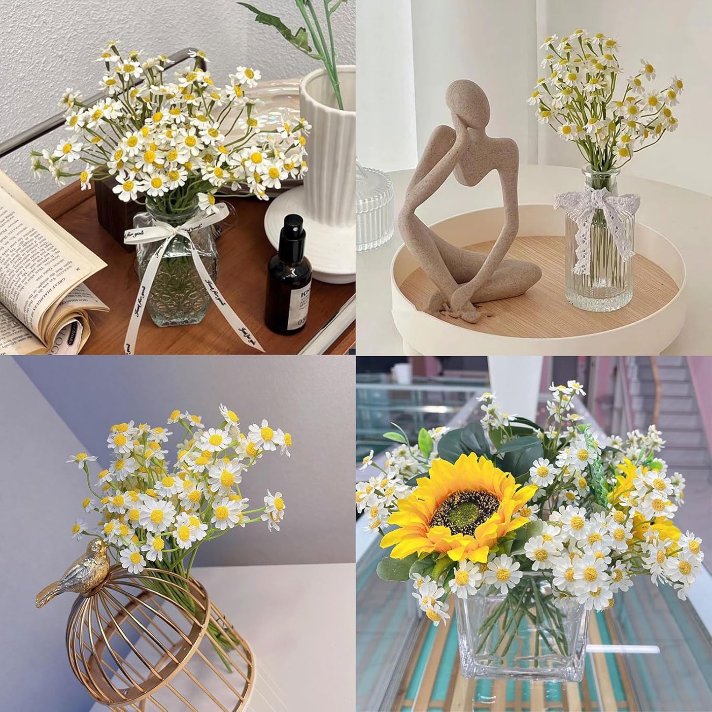6-Stem Mini Artificial Daisy Bouquet｜10-Inch Small Faux Flowers for Vase Decoration｜Flexible Plastic Floral Stems for Desktop, Home, Party, DIY Arrangements