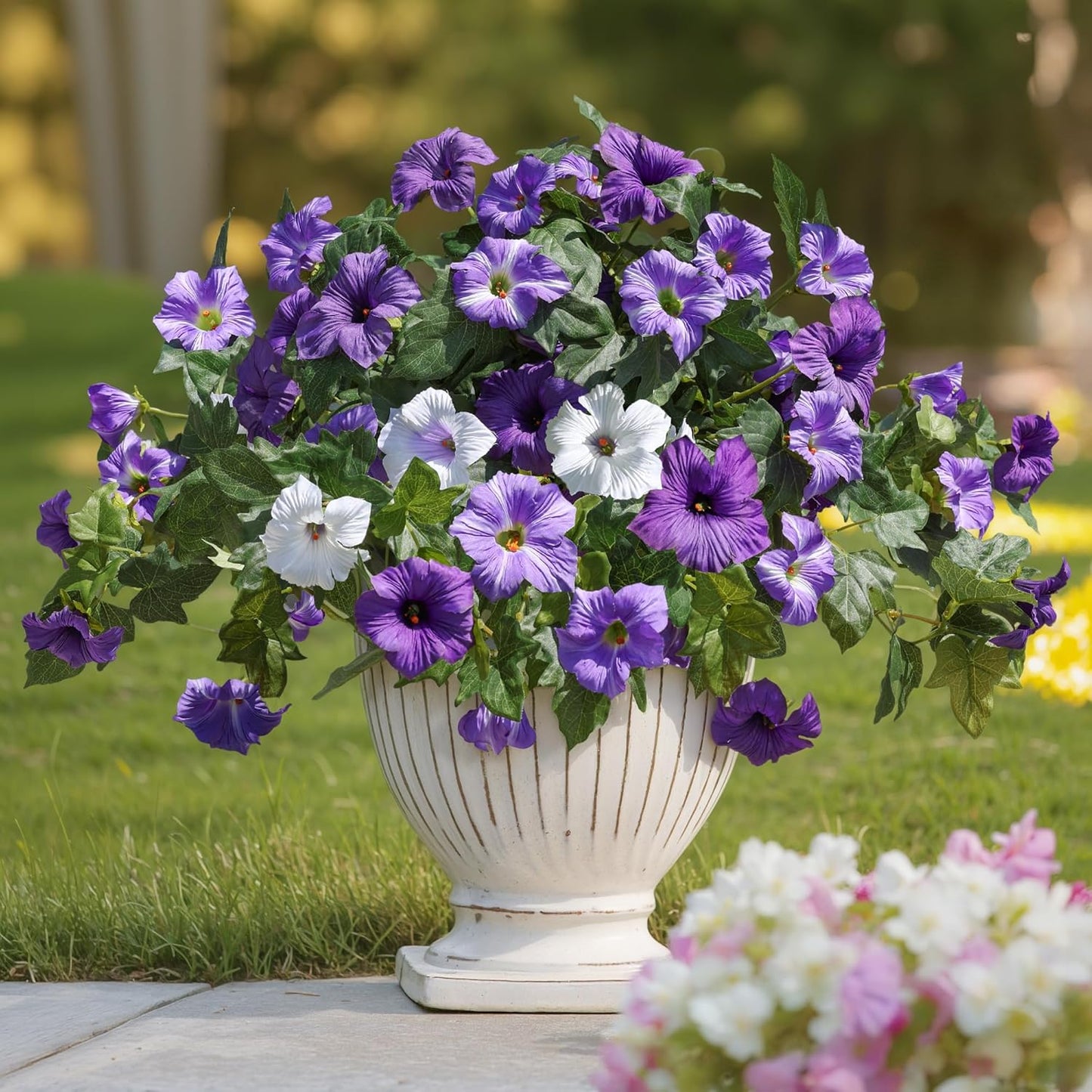 2-Piece Set Artificial Morning Glory Flower Bushes – 25” Wide x 15.5” Tall – Full Silk Blooms with Lush Green Leaves – Purple & White Mix – No Maintenance Floral Decor for Balcony, Home & Garden