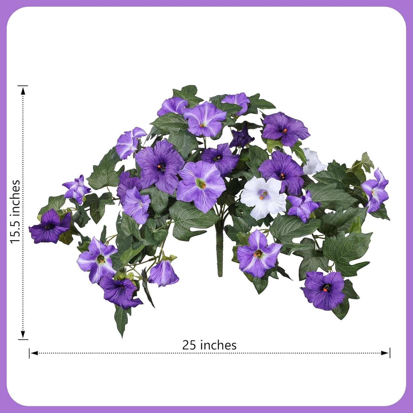 2-Piece Set Artificial Morning Glory Flower Bushes – 25” Wide x 15.5” Tall – Full Silk Blooms with Lush Green Leaves – Purple & White Mix – No Maintenance Floral Decor for Balcony, Home & Garden