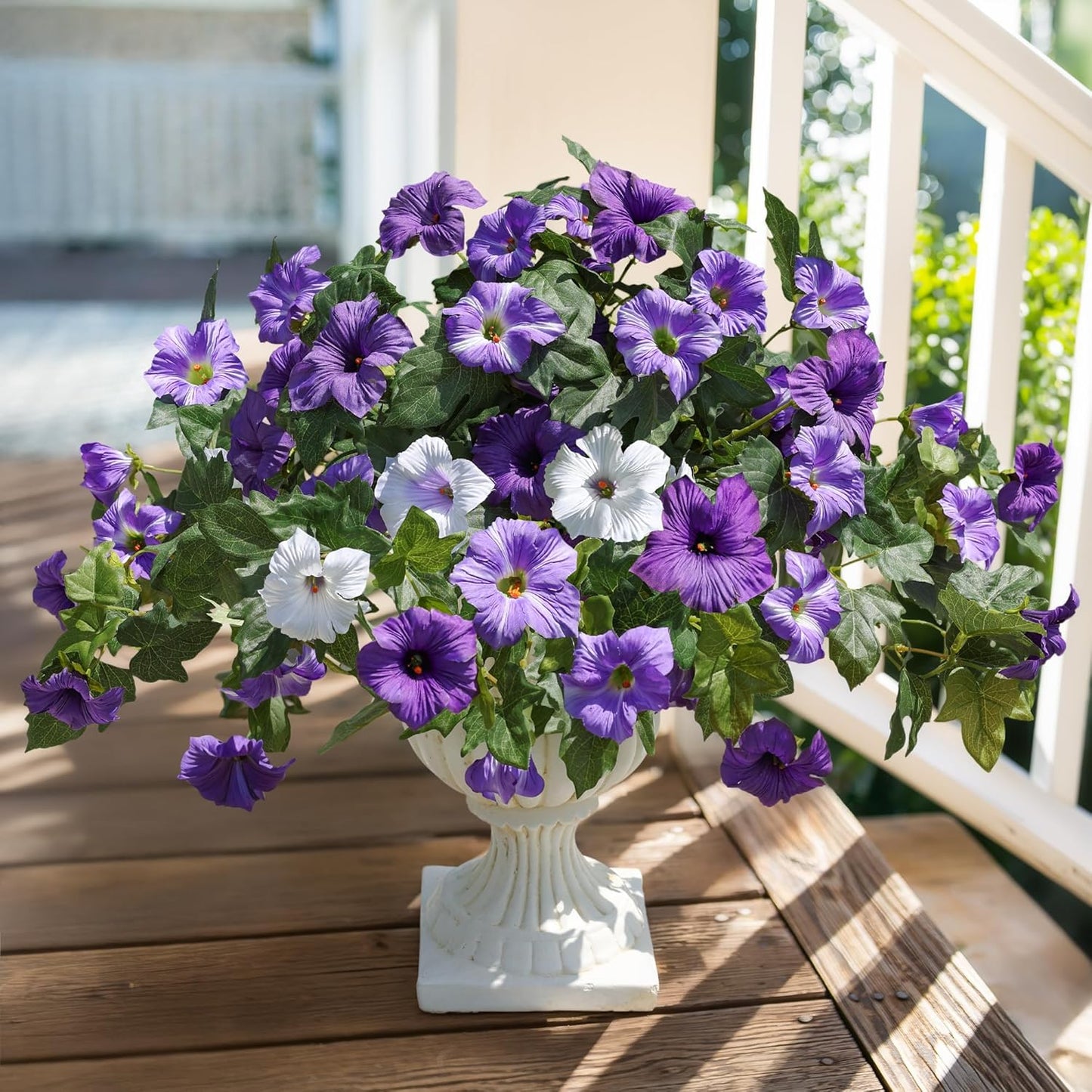2-Piece Set Artificial Morning Glory Flower Bushes – 25” Wide x 15.5” Tall – Full Silk Blooms with Lush Green Leaves – Purple & White Mix – No Maintenance Floral Decor for Balcony, Home & Garden